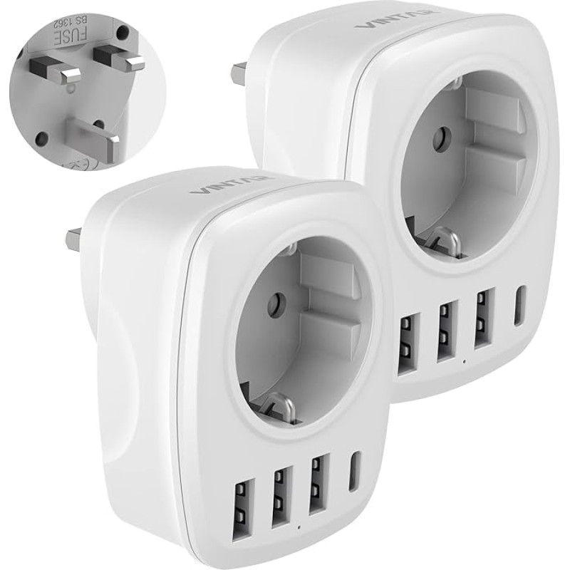 2PC Travel Adapter UK Adapter England Germany Plug, VINTAR Socket Adapter Travel Plug Power Adapter with 3 USB A and 1 USB C Port, Suitable for Great Britain, England, Ireland, Malaysia, TypG