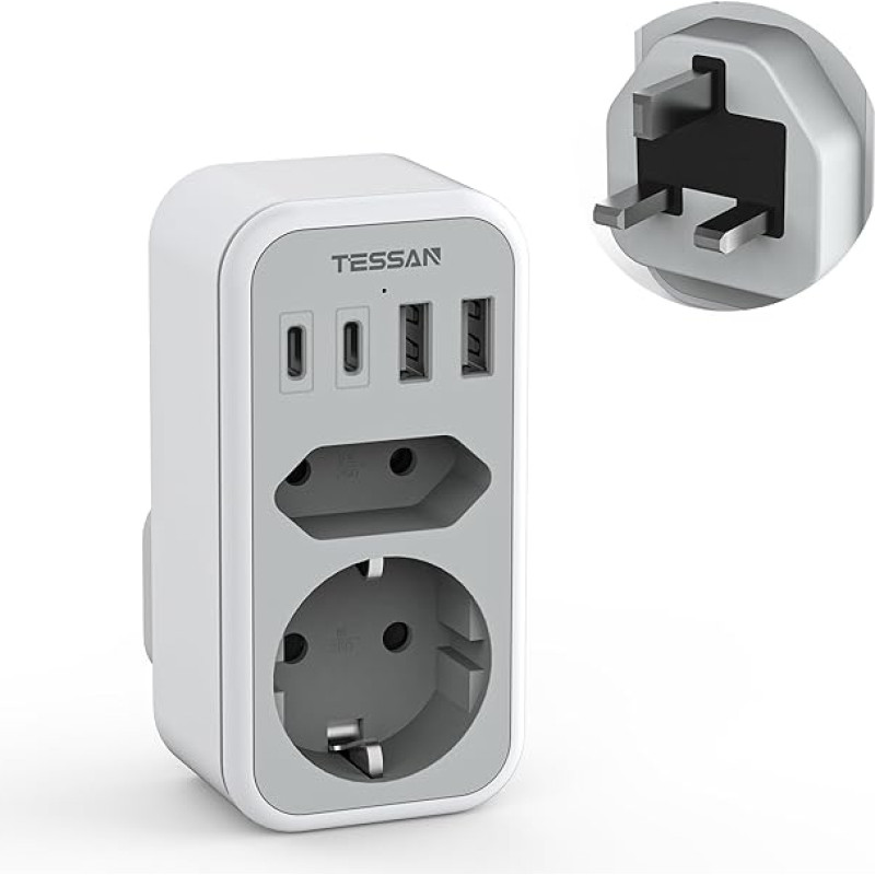 TESSAN Adapter England Germany Plug, 6 in 1 Travel Adapter UK with 2 USB C and 2 USB A, UK Adapter, Travel Adapter Type G, Travel Plug England, Socket Adapter Ireland for London Scotland Malta