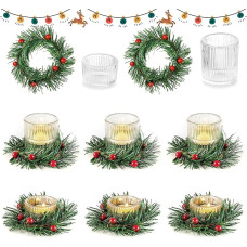 Hewory Tea Light Holder Christmas Table Decoration Candle Holder: 8 Pieces Tea Light Glasses with Berries Candle Ring Mini Christmas Wreath, Decorative Votive Candle Holder Candle Jars for Christmas