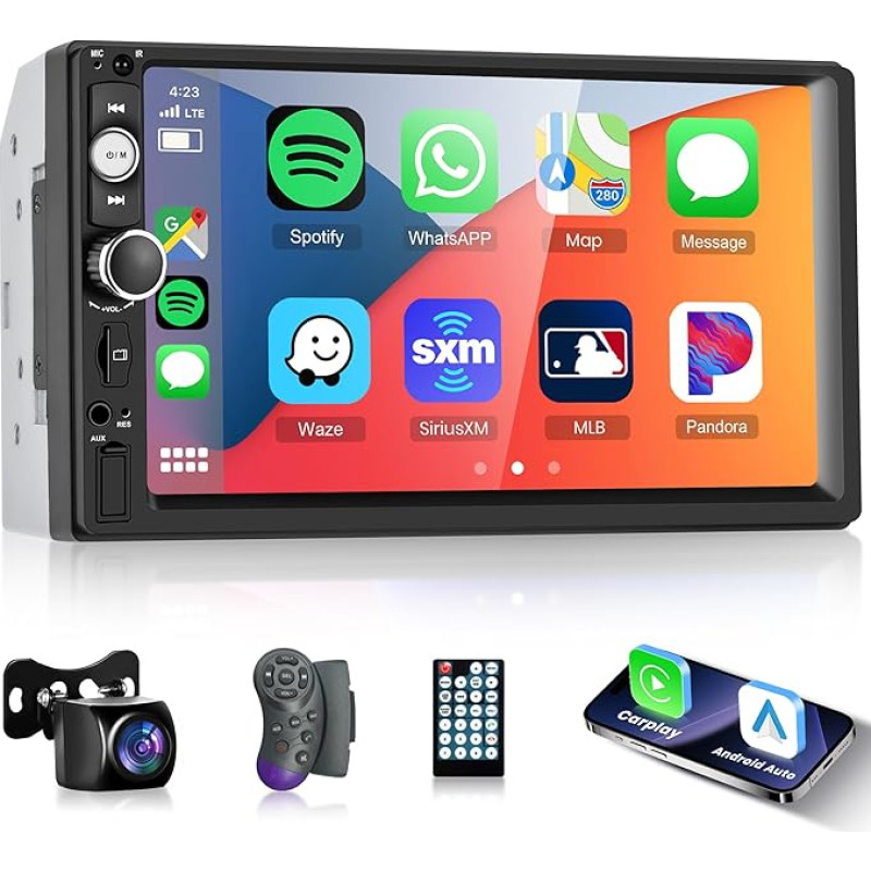 Apple Carplay Car Radio 2 DIN with Android Car Bluetooth Hands-Free Kit 7 Inch Touchscreen Car Radio with Mirror Link Bluetooth FM Radio USB/AUX/TF Steering Wheel Control + Reversing Camera Microphone