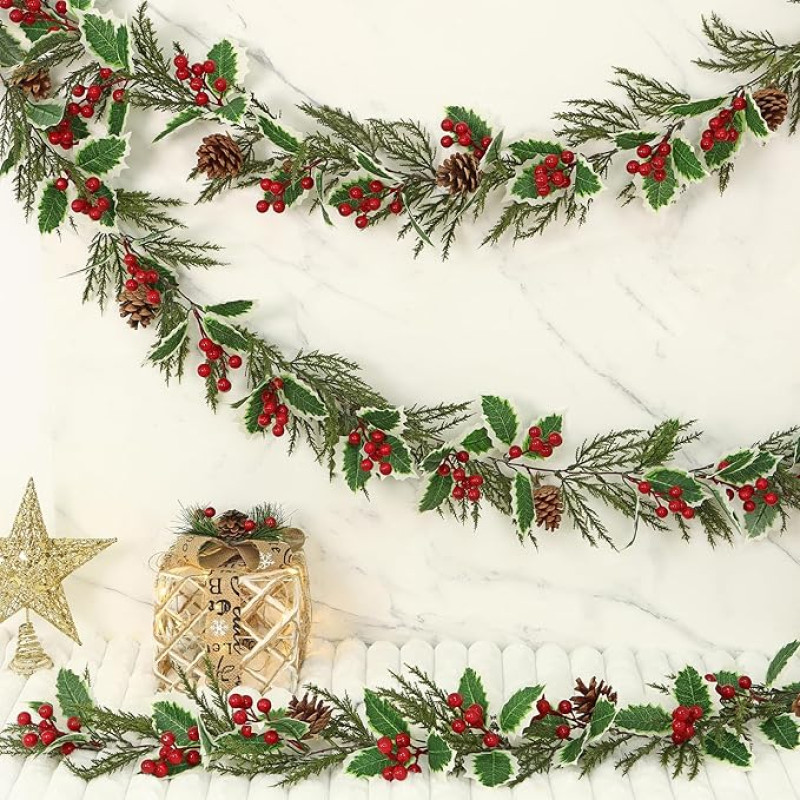 Betylifoy Artificial Christmas Garland Artificial Berry Garland with Pine Cones Pine Needles 2 Pieces Christmas Wreath for Christmas Party Christmas Tree Decoration (1)