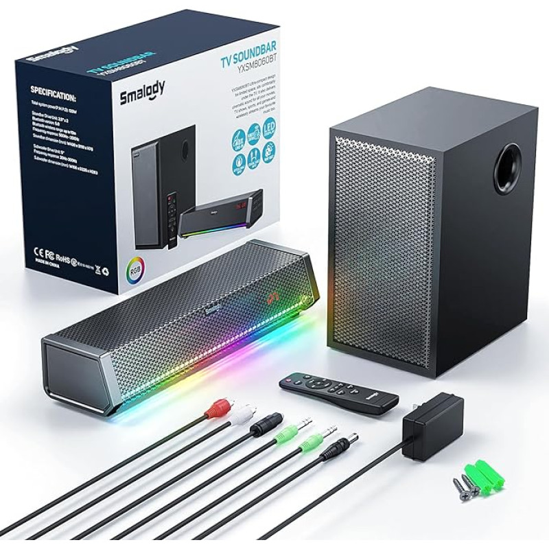 Smalody TV Speaker, Home Theater Speaker, Wireless Audio Soundbar, TV Speaker + Bass Subwoofer, Bluetooth Enabled, Optical, AUX, Coaxial Inputs, Remote Control