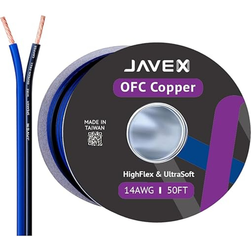 JAVEX Speaker Cable 14-Gauge [2.11mm2] [Oxygen-Free Copper 99.9%] Stranded Copper, Blue/Black, Cable for Hi-Fi Systems, Amplifier 50 Feet [15.25 M]