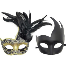 Awlsyj Couple Masquerade Mask Feather Mask Venetian Party Mask Mardi Gras Halloween Costumes (Black)