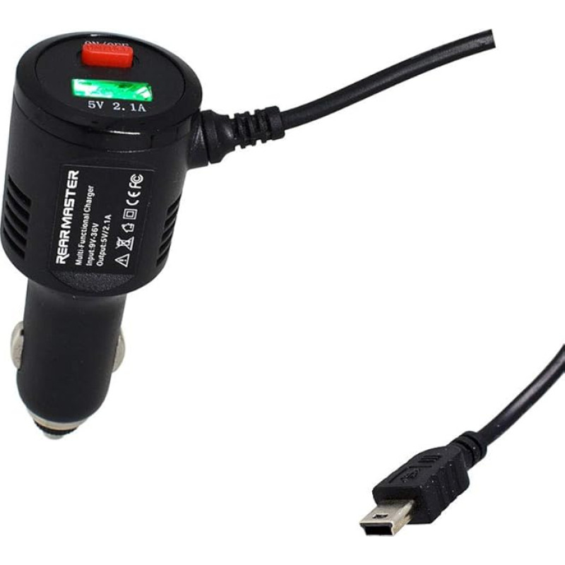 REARMASTER® Universal 12 V / 24 V Cigarette Lighter Power Cable for DashCam Car Camera Video Recorder with USB Charger and Switch (Mini USB) 3.5 m