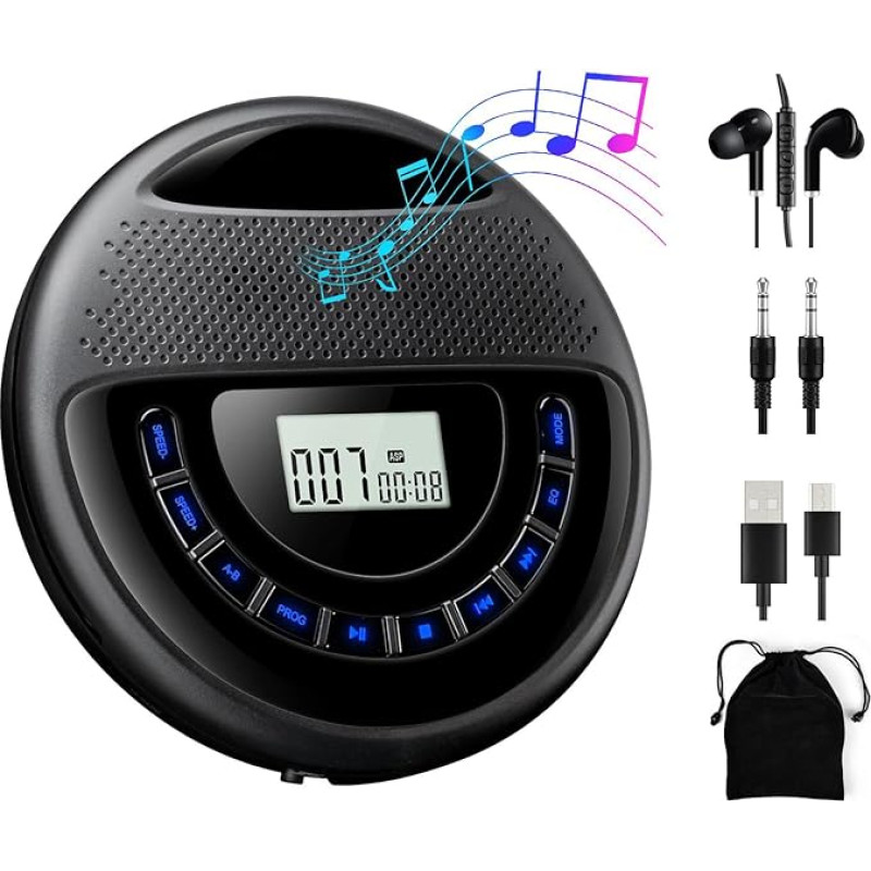 Gueray CD Player Portable with Speaker Discman with Integrated 1400 mAh Battery Lithium Battery Supports TF Card Play with Headphones and 3.5 to 3.5 mm AUX Cable for Children Audio Books Music