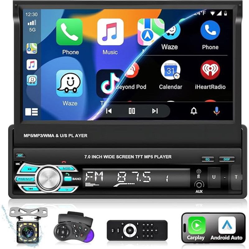 Podofo Car Radio 1 DIN with Apple Carplay and Android Car, 7 Inch Screen Car Stereo Radio with Bluetooth Hands-Free Call/FM Radio/SWC/Mirror Connection/USB + Reversing Camera