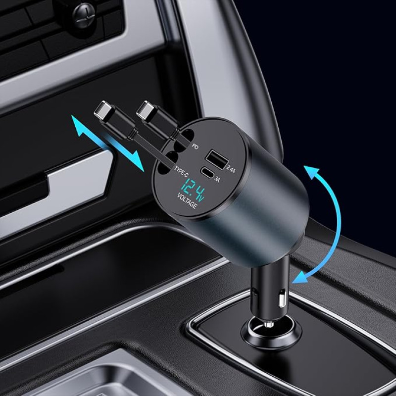 Lopnord Retractable Car Charger, 4-in-1 60 W Car Charger, Cigarette Lighter USB C with Retractable Cable and Charging Ports, for iPhone 16/15/14/13/12/11 Pro/iPad (2 Type-C Cords)