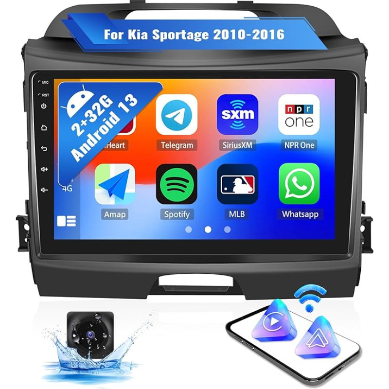 OiLiehu 2G + 32G Android 13 Radio 2 Din Wireless Carplay Android Car for Kia Sportage 2010-2016 Car Radio with Screen 9 Inch Support Equalizer/Bluetooth/FM RDS/WiFi/GPS/Rear View Camera