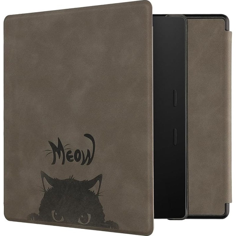 kwmobile Case Compatible with Amazon Kindle Oasis 10th Generation Case - Faux Leather Cover - Cat Meow Grey Black