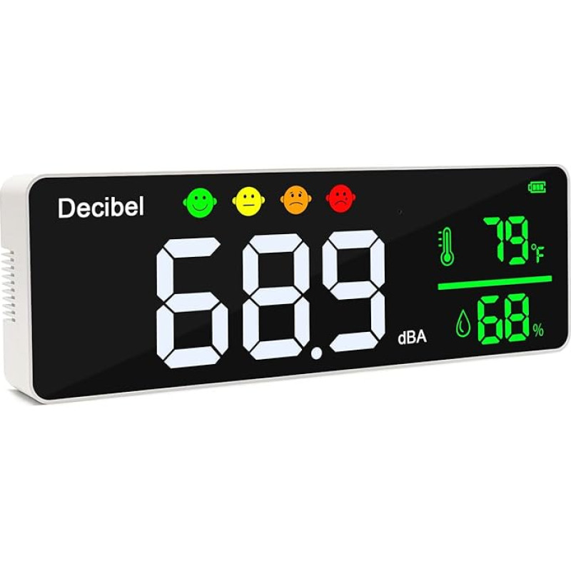 Decibel Meter, Wall Sound Level Meter, 28 cm Large LED Display, Noise Temperature and Humidity Meter with Alarm Symbols, Wide Applications for Classroom, Studio, Home, Factory