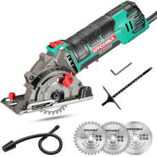 HYCHIKA Mini Circular Saw Hand-Held Circular Saw with 3 Saw Blades, Laser Guide, Scale Ruler, 500 W Motor Made of Pure Copper 4,500 rpm, Ideal for Wood, Soft Metal, Tile and Plastic Cutting