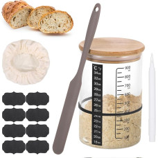 MICHIHOMIE raugo starterio rinkinys, 900 ml raugo fermentacijos indas su mediniu dangteliu, gumine juosta, termometro popieriumi, 8 etiketėmis, rašikliu, silikonine mentele, medžiagine kepurėle, duonos kepimo indas,