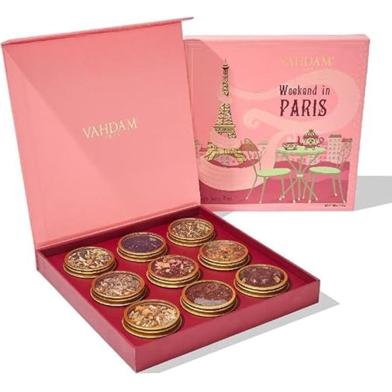 VAHDAM Weekend in Paris Tea Gift Sets, 9 Different Herbal Teas, Chai Teas and Black Teas in a Travel Edition Gift Box, Pure Ingredients, Tea Gift, Festive Tea Gifts