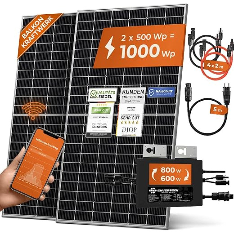 Solarway® 1000 W Balcony Power Station 800 W Complete Socket - Latest 800 Watt Inverter - Solar System Complete Set - 500 W Solar Panels & Envertech & Accessories