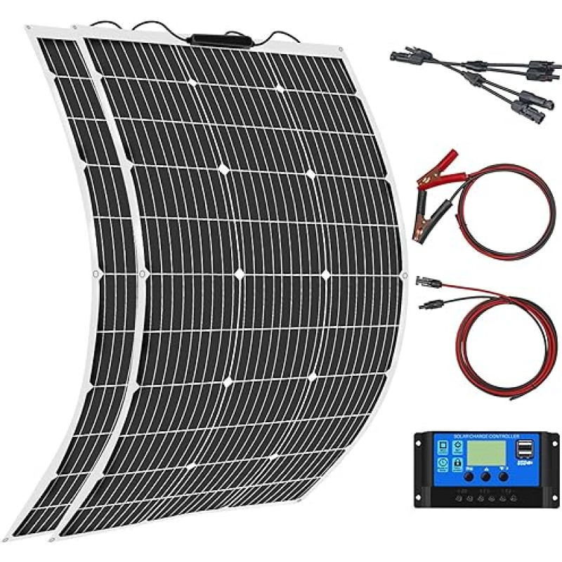 Aysolar 200 W 12 V Solar Panel Flexible Kit 2 x 100 W 18 V Flexible Monocrystalline Photovoltaic Solar Module with 20 A Charge Controller for Motorhome, Car, Boat, Caravan, 12/24 V Batteries