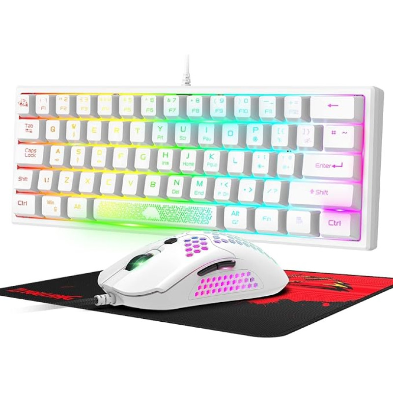 60% Mini Gaming Keyboard and Mouse Set, White, QWERTY Layout RGB Rainbow LED Illuminated Mechanical Feel Ergonomic Keyboard, 12000 DPI Honeycomb Mouse USB Wired for PC Laptop
