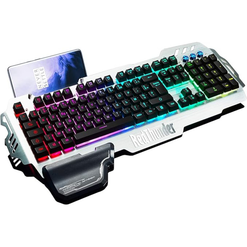 RedThunder K900 Semi-Mechanical Gaming Keyboard, FR Layout, RGB Backlight, Phone Holder, Hand Rest, 25 Anti-Ghosting Keys, Metal Cover