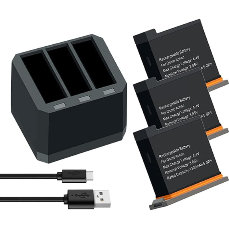 XITAIAN 3 x įkraunamos baterijos, skirtos DJI Osmo Action 1. Fotoaparato baterija 1300 mAh kanalo USB įkroviklis Baterija, skirta DJI Osmo Action 1 kartos fotoaparatų priedams