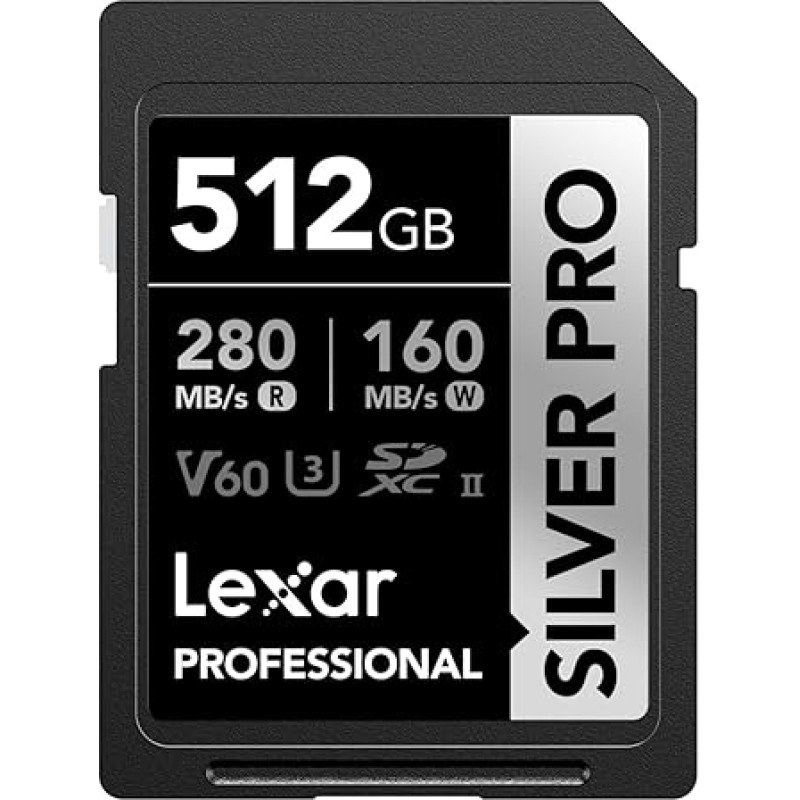 Lexar Silver Pro SD Card 512GB, UHS-II SD Memory Card, V60, U3, C10, up to 280MB/s Read, 160MB/s Write, SDXC Card for DSLR/Camera/Photographer/Videographer/Enthusiast (LSDSIPR512G-BNNAA)