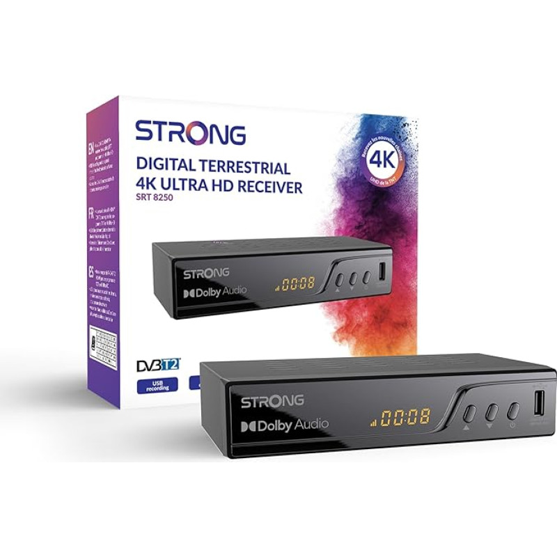 STRONG Decoder TNT UHD 4K | DVB-T2 | Compatible with HEVC265 | USB TV Receiver / Tuner | Dolby Digital Plus | HDMI | Scart