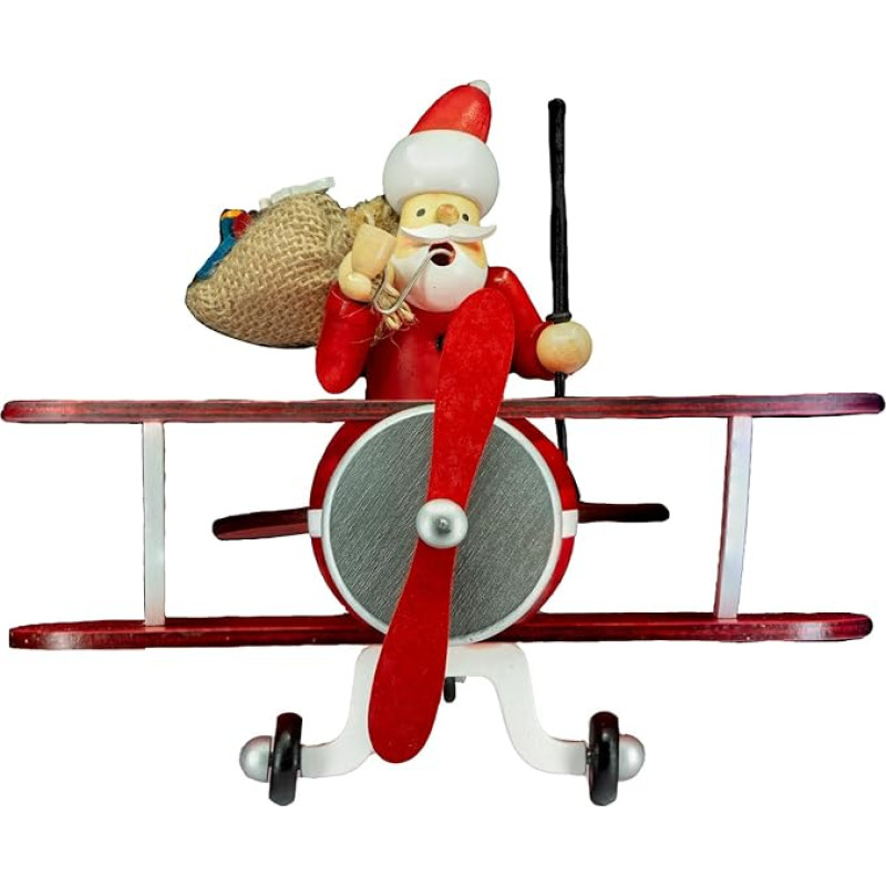 Medinė smilkalų rūkaliaus figūrėlė, Kalėdų Senelis lėktuve, skirta smilkalų kūgiams, M dydis, dydis: M, apie 18 cm.
