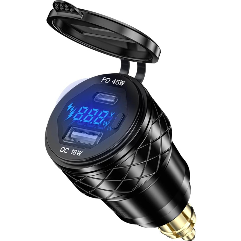 45W PD USB Din Hella Socket for BMW Motorcycle, 18W QC 3.0 Cigarette Lighter USB Adapter USB C Installation Socket with Switch & LED Volmeter for 12V-24V Ducati Triumph KTM Motorcycle Boat Truck