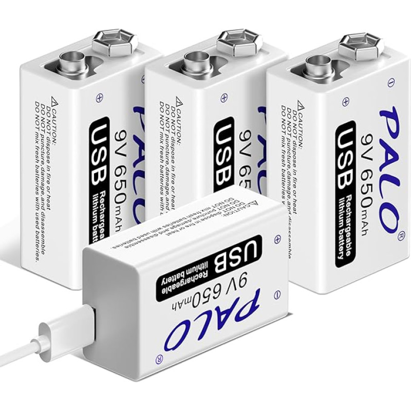 CITYORK 9V įkraunama baterija 9V ličio jonų baterijos 650 mAh su USB greitojo įkrovimo kabeliu klaviatūrai, mikrofonui, dūmų detektoriui - 4 vnt.