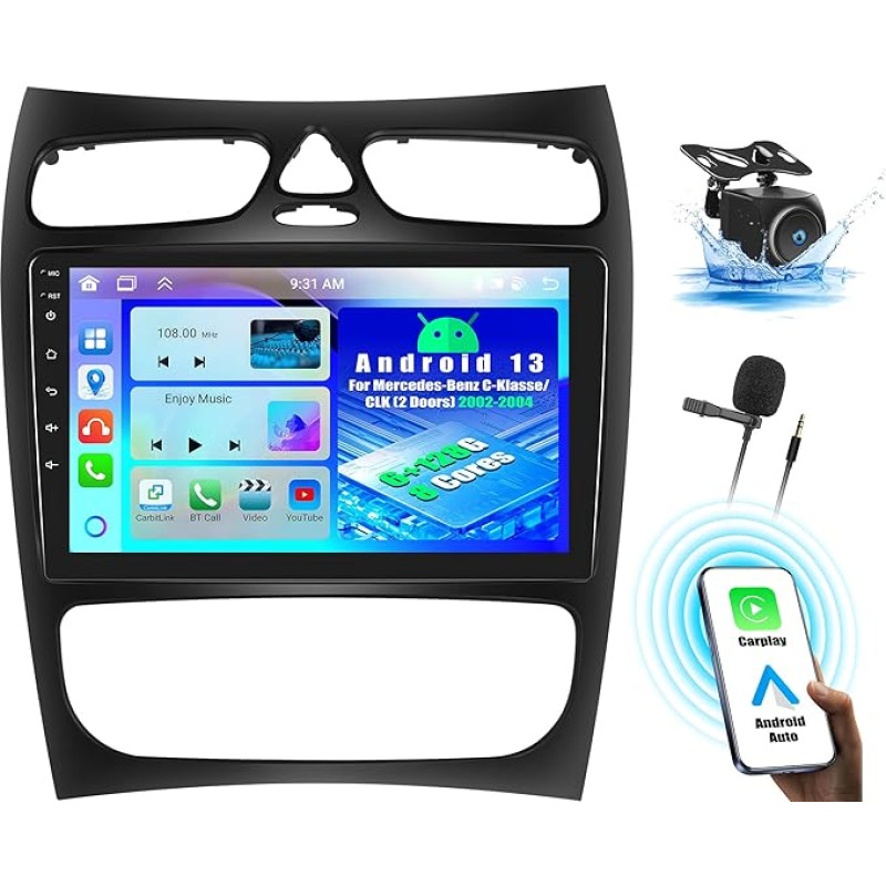 6+128G 8 Core Android 13 Double DIN Radio CarPlay Android Car for Mercedes Benz C-Class W203 C200 C320 C350 CLK W209 S203 A209 Car Radio with Screen 9 Inch with Bluetooth GPS FM RDS WiFi DSP/EQ