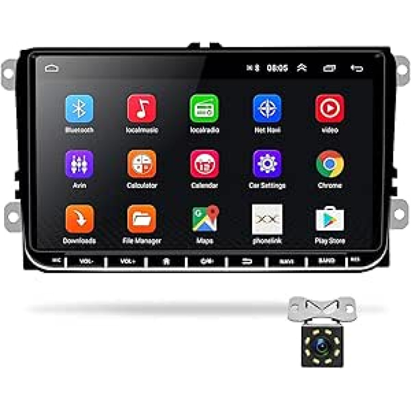 Podofo 9 Inch Android Car Radio for VW, Double DIN Car Radio, Bluetooth, GPS, Car Radio Player for VW, Seat, Passat, Golf, Skoda, Supports WiFi, Mirror Link, FM Radio, Double USB + 8 LED Reversing Camera