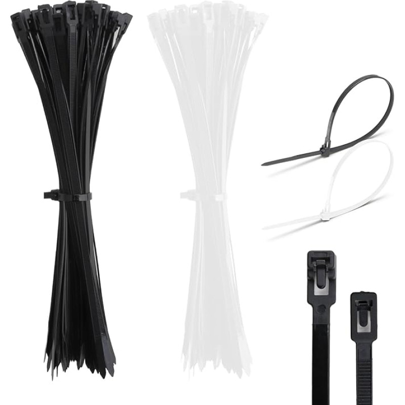 Cable Ties, 4 x 200 mm, Reusable Nylon Cable Ties, Durable Plastic Cable Ties, Multipurpose Cable Ties for Home, Office, Garden and DIY, 5 x 300 mm, Pack of 100