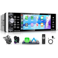 Wireless Carplay Car Radio 1 DIN with Wireless Android Car FM/AM/RDS Radio Bluetooth, 5.1 Inch Car Radio with Mirror Link Bluetooth Hands-Free Kit USB/AUX/TF/EQ Steering Wheel Control Reversing Camera