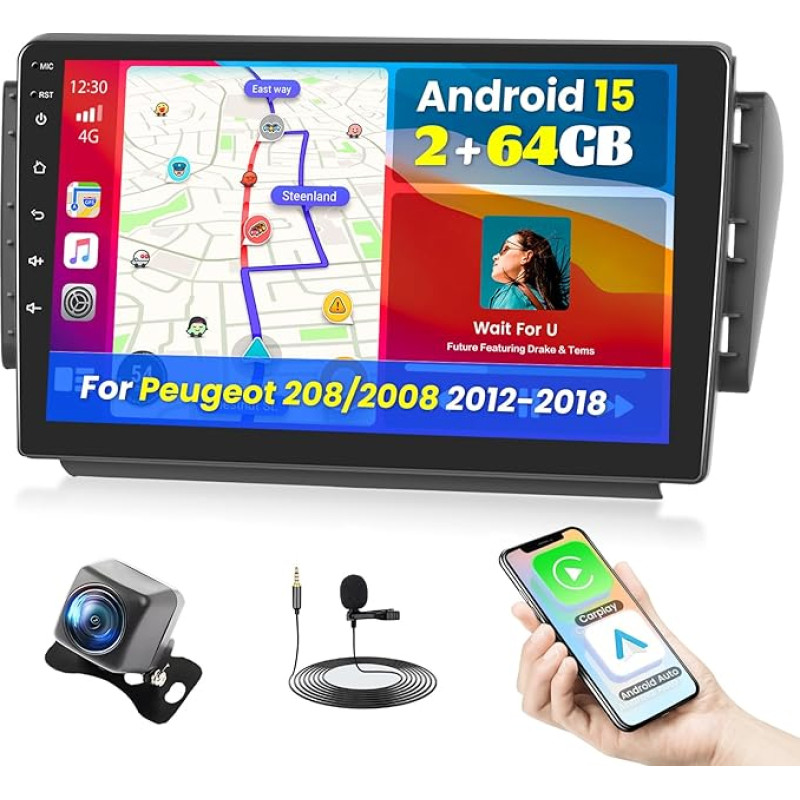 2+64G Android 13 Car Radio for Peugeot 208/2008 2012-2018 with Wireless Carplay Android Car, 10.1 Inch Screen Car Radio with Bluetooth/WiFi/GPS/Rear View Camera/FM/RDS/SWC