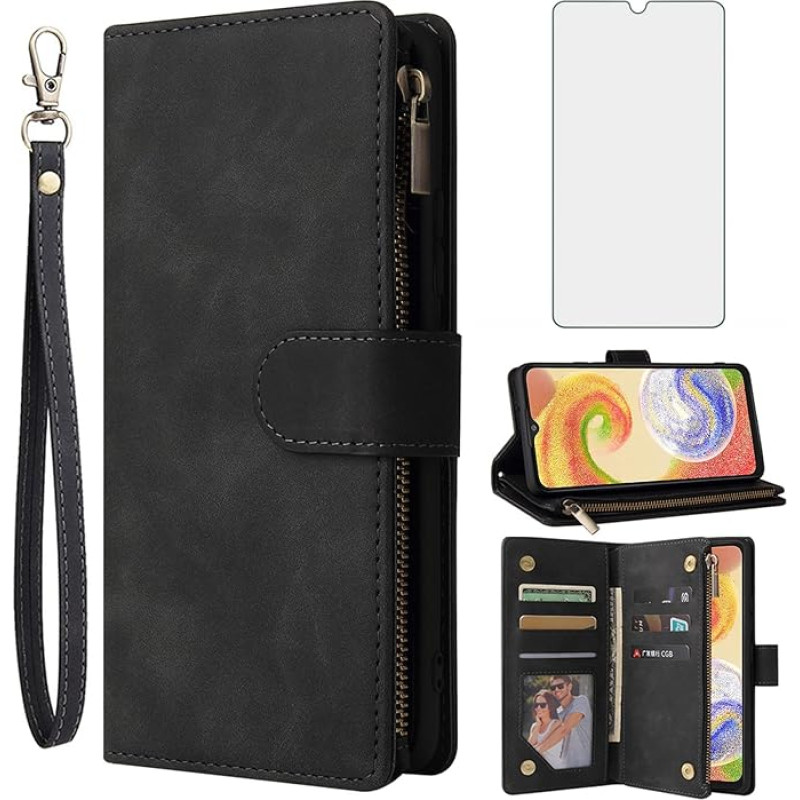 Asuwish Mobile Phone Case for Samsung Galaxy A14 4G/A 14 5G/M14 Case with Screen Protector and Card Slot, Foldable Leather Wallet Stand 14A LTE Zip Mobile Phone Cases Protective Phone Case Black