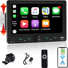 Alondy Car Radio 1Din with 7 Inch Adjustable Screen, Compatible with [Wireless] Apple CarPlay/Android Car Bluetooth Type-C USB (3A Quick Charge) AM/FM/RDS Radio Reversing Camera AUX SD