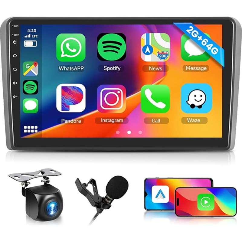 2G + 64G Car Radio for Audi A3 2003-2012/S3 8P 2006-2012/RS3 2011-2012 with Wireless Carplay Android Car, Hodozzy 9 Inch Touchscreen Car Radio Navigation DSP Bluetooth WiFi FM/RDS Radio, Steering