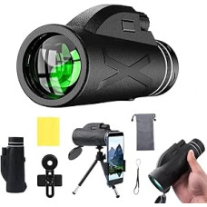 Suaugusiesiems skirtas padidinimo monokuliaras 80 x 100 - kompaktiškas HD monokuliaras su BAK4 prizmės FMC objektyvu - aukštos kokybės teleskopas su telefono laikikliu ir trikoju, skirtas paukščių stebėjimui, kelionėms, medžioklei, žygiams