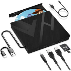External CD DVD Drive USB 3.0 Type C, External with SD/TF Card Reader, Portable RW Burner, Fast Data Transfer for Laptop, Desktop, MacBook, Win11/10/8/7/XP, Linux, Mac OS, Vista