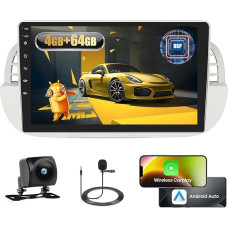 Fuluku 4+64G Android Autoradio für FIAT 500 2007 2008 2009 2010 2010 2011 2012 2013 2014 2015 mit Wireless Carpaly&Android Auto, 9'' IPS Touch Screen Radio mit Bluetooth 5.0/GPS/Rückfahrkamera/FM/WiFi/SWC
