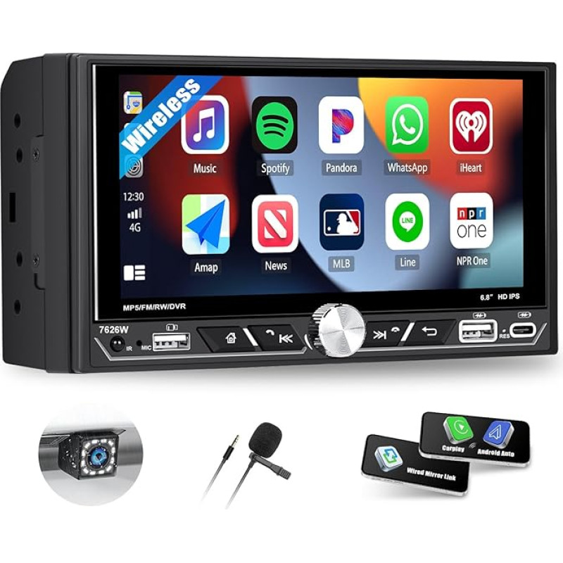 SIXTOP Double DIN Car Radio with Wireless Carplay Android Car, 6.8 Inch Touchscreen Display 2 DIN Radio with Mirrorlink Bluetooth FM/AM/RDS EQ Navi SWC AUX USB + Reversing Camera