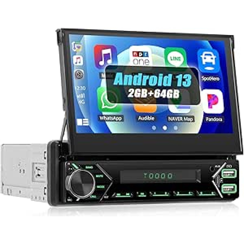 SIXWIN 1 DIN Android 13 Car Radio with Carplay Android Car Mirrorlink, 7 Inch Touch Screen Retractable Manual, Bluetooth Handsfree Kit, WiFi, GPS, FM, RDS, EQ, USB, AUX