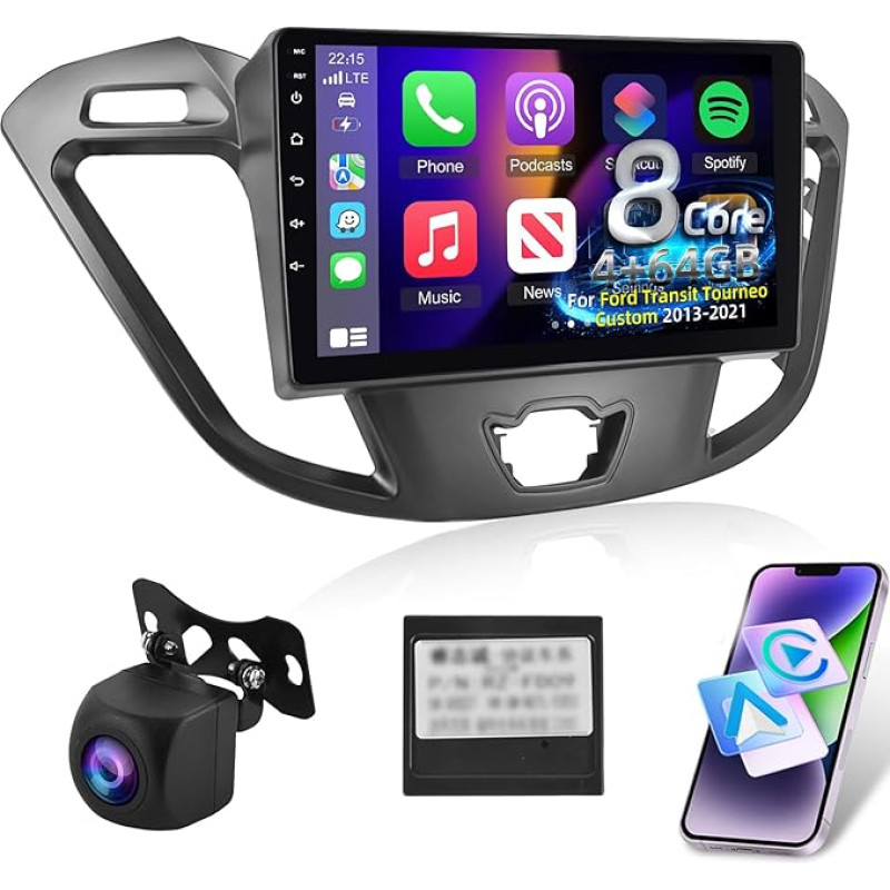 8 Core 4G + 64G Car Radio for Ford Transit Tourneo Custom 2013-2021 with Wireless Carplay & Android Car, 9 Inch Android Car Radio with WiFi/GPS/Bluetooth 5.0/32 EQ DSP/FM RDS Radio