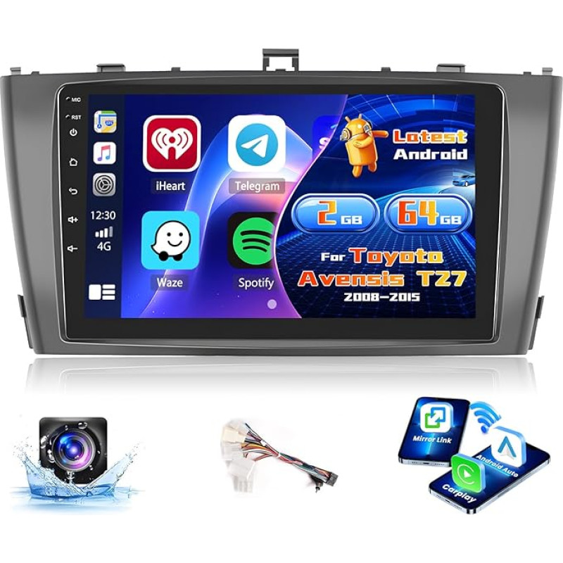 Inefala Radio for Toyota Avensis T27 2008-2015 Android 2+64G with Wireless CarPlay Android Car, 9 Inch Screen with EQ 26UI FM RDS GPS Bluetooth WiFi SWC AHD Rear View Camera