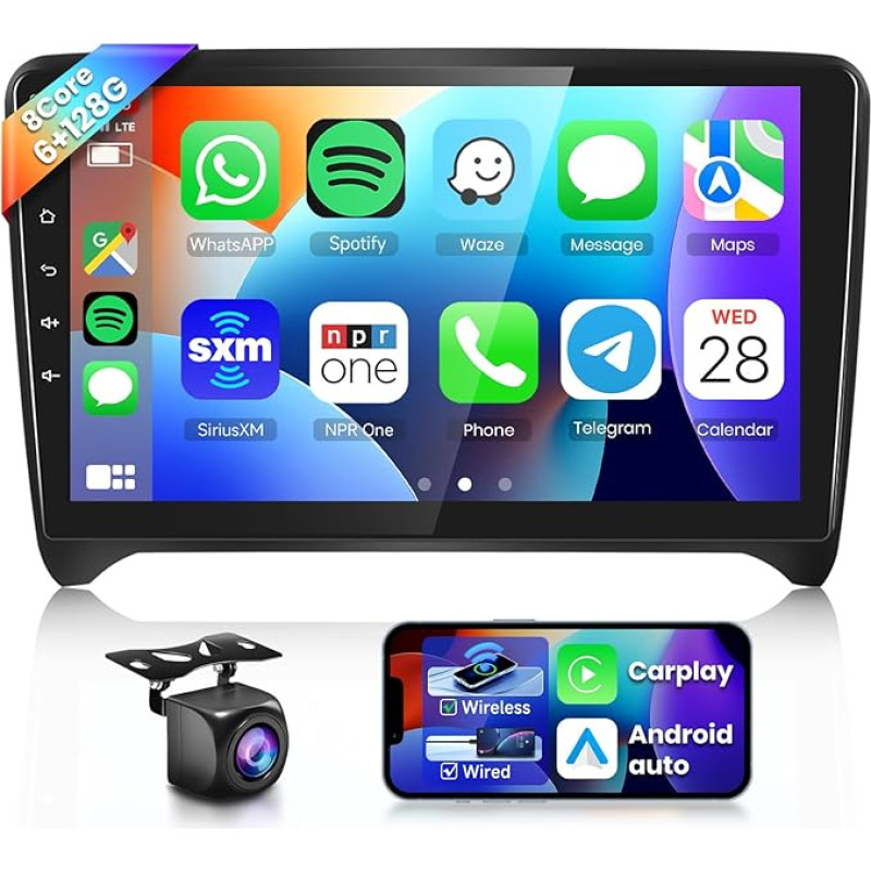 8 Kern 6G+128G Autoradio Android 15 für Audi TT MK2 8J 2006 2007-2014, 9 Zoll 1280*720P HD IPS Touchscreen Auto Radio mit Wireless Carplay Android Auto GPS Wi-Fi Bluetooth FM RDS Radio Rückfahrkamera