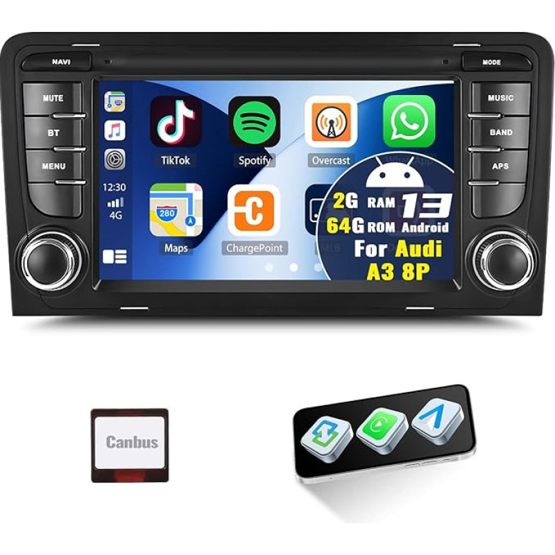2G+64G GOHHDL Android 13 Autoradio für Audi A3 S3 RS3 8P 2003-2012 mit CarPlay Android Auto, 7-Zoll-Touchscreen-Radio mit GPS Navi WiFi Bluetooth FM/RDS Radio SWC
