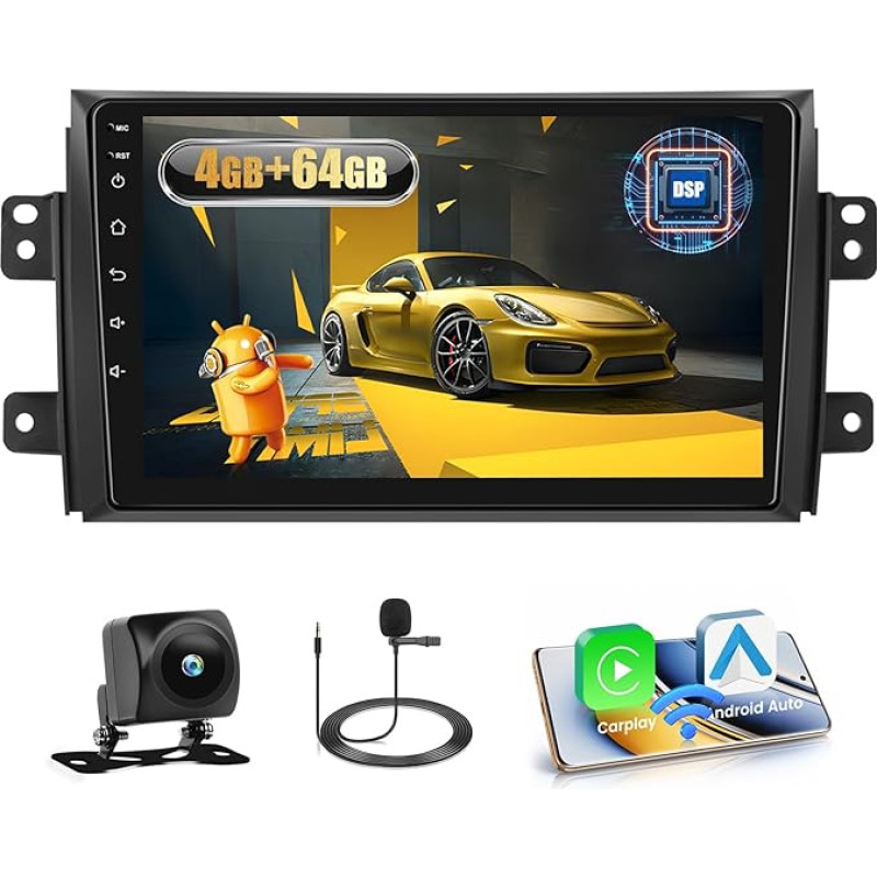 4+64G Android Car Radio for Suzuki SX4 2006 2007 2008 2009 2010 2011 2012 2013 with Wireless Carpaly & Android Car, 9 Inch IPS Touch Screen Radio with Bluetooth 5.0/GPS/Rear View Camera/FM/WiFi