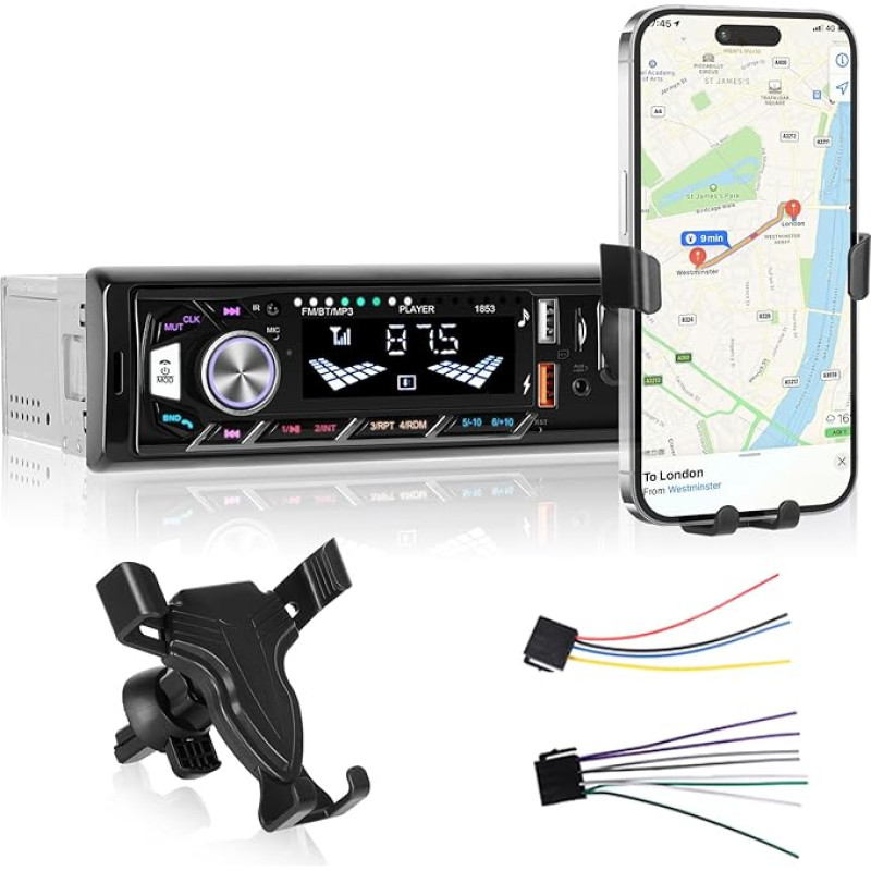 1 Din Autoradio mit Bluetooth - Bluetooth Autoradio mit Handyhalterung - Freisprecheinrichtung, FM-Radio, USB/TF/AUX-Anschluss, Bunte Hintergrundbeleleuchtung
