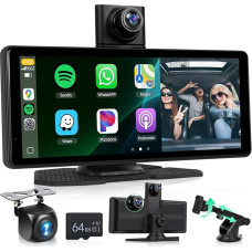 Podofo Portable CarPlay Car Radio, 8.1 Inch Wireless CarPlay Android Car Touch Screen with 4K Dashcam Loop Recording, Bluetooth Mirror Link + Rear View Camera, 64GB TF Card