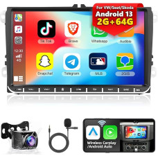 2+64G Android 13 automobilinis radijas VW su Carplay Android automobilinis podofo jutiklinis ekranas su GPS navigacija WiFi Bluetooth HiFi USB FM RDS EQ radijas + CANBUS + atbulinės eigos kamera + mikrofonas