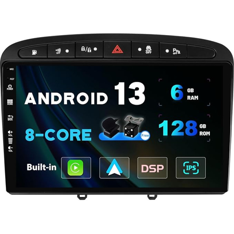 SXAUTO Android 12 - [6G+128G] - IPS Car Radio Suitable for Peugeot 308/408 (2010-2016) - Built-in Wireless Carplay/Android Car/DSP - Camera + MIC - DAB SWC WiFi Fast-boot 360 Camera 4 Camera G BT -2. DIN 9 inches